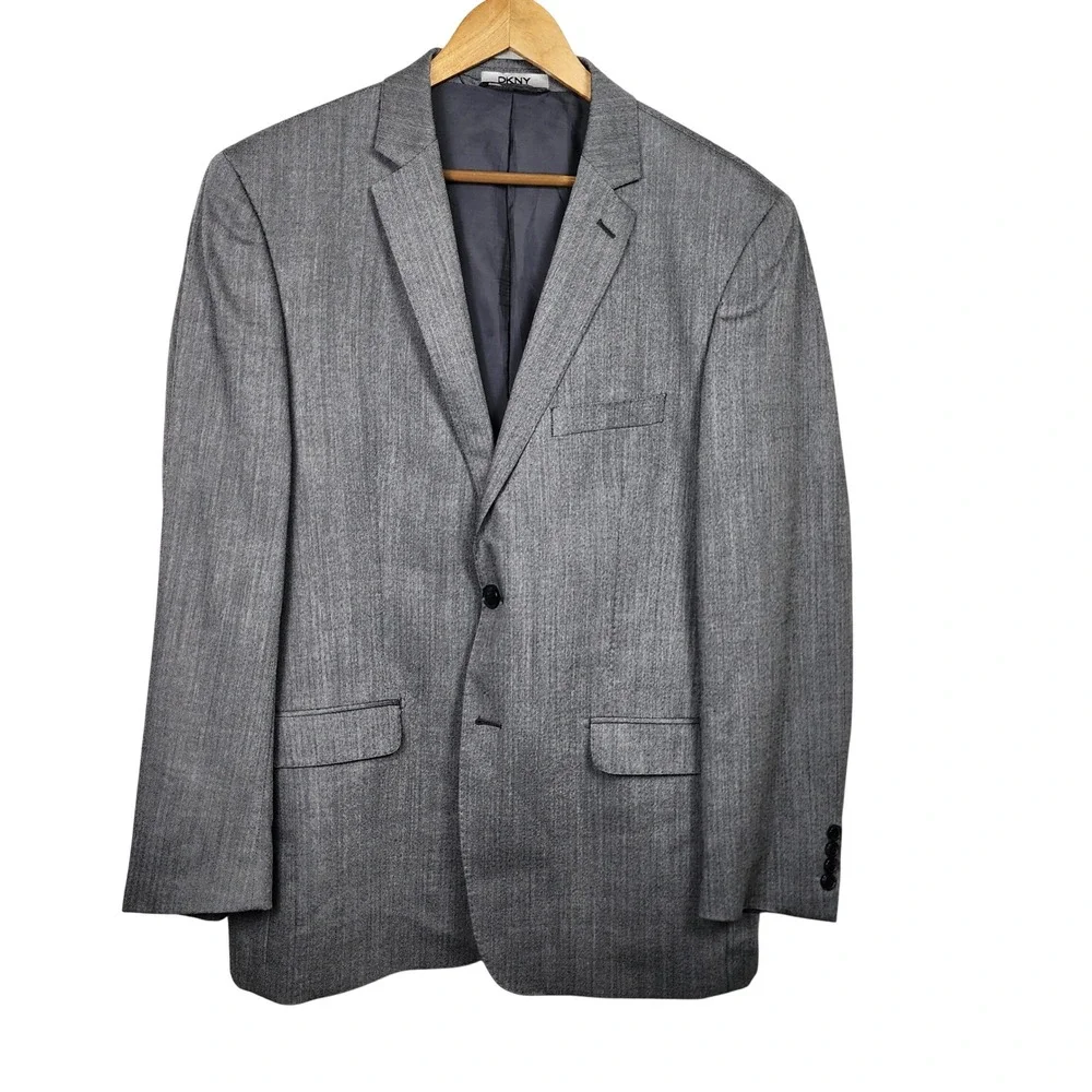 DKNY Herringbone Blazer Jacket Mens 46L Gray Wool Sport Coat Preppy Office Work
